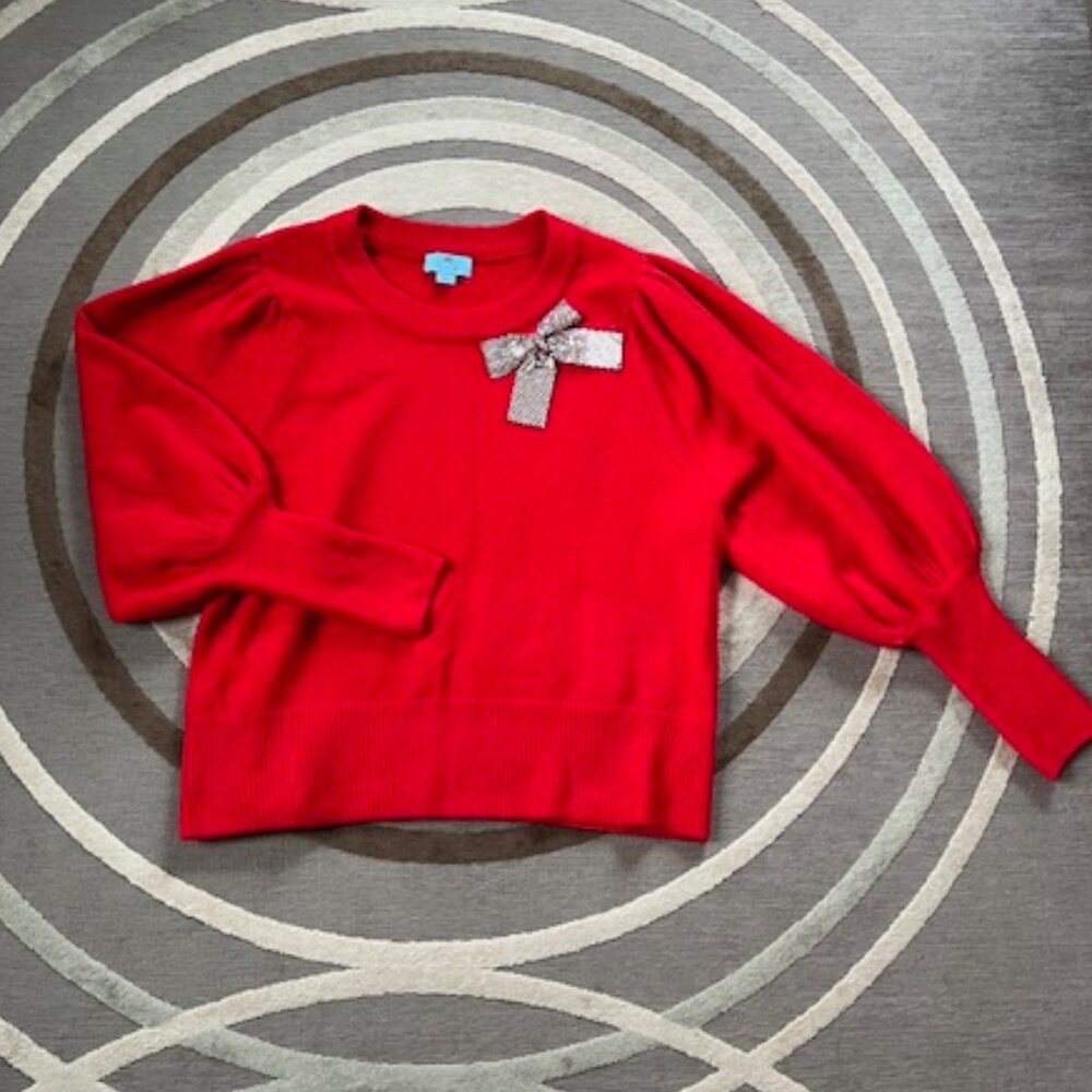 CeCe Rhinestone Bow Detail Cozy Red Sweater Woman's Size Large - Picture 7 of 13